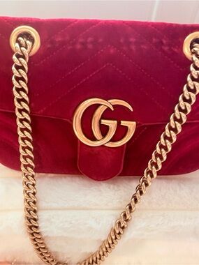 Gucci Red Velvet GG Marmont Small Shoulder Bag with Gold Hardware